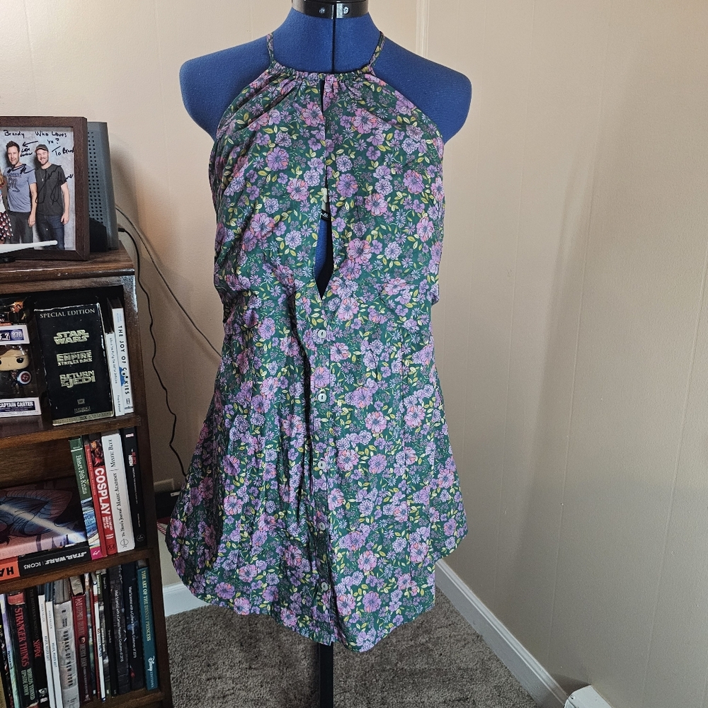 Free People Womens Lyla Halter Tunic Green Top Floral Keyhole NWOT